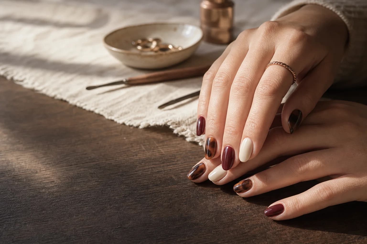 Manos con uñas press-on en tonos cereza, crema y carey